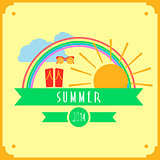 Yellow summer card with sun, rainbow, clouds sunglasses and shoes