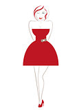 Handdrawn woman face winks wearing red hair and dress - paths outlined.
