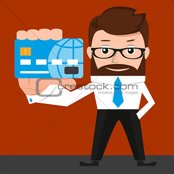 Lucky businessman is presenting a credit card. Conceptual illustration.