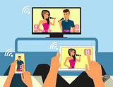Multiscreen interaction. Man and woman are participating in TV singer show using smartphone and tablet pc.