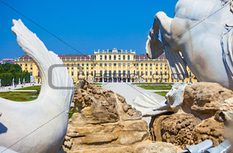 View on Gloriette and Neptune fountain in Schonbrunn Palace
