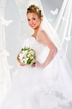 Beautiful bride with bouquet of flowers over summer background