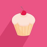 Sweet cherry cupcake flat vector icon on pink background