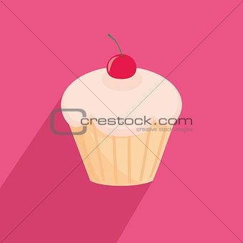 Sweet cherry cupcake flat vector icon on pink background
