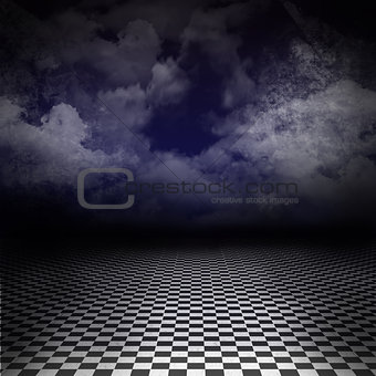 Empty, dark image with black and white checker floor on the ground and ray of light in cloudy, dark blue sky