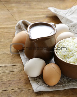 rustic products cottage cheese, milk and eggs on a wooden table
