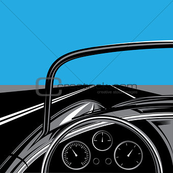 illustration with road, sky and traveling car