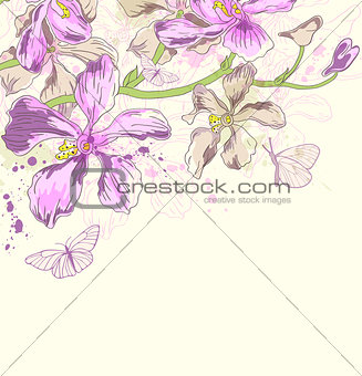 Background with orchids and butterflies