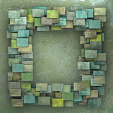 3d green square tile grunge pattern on green grungy wall 