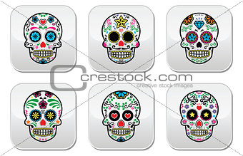 Mexican sugar skull, Dia de los Muertos buttons set on white background