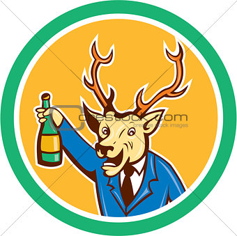 Stag Deer Holding Wine Bottle Circle Cartoon