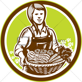 Organic Female Farmer Farm Produce Harvest Woodcut