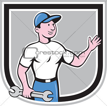 Mechanic Hold Spanner Waving Hand Cartoon