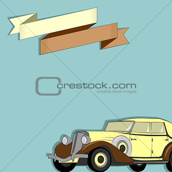 Card with the image of a retro of the car and ribbon on a blue background