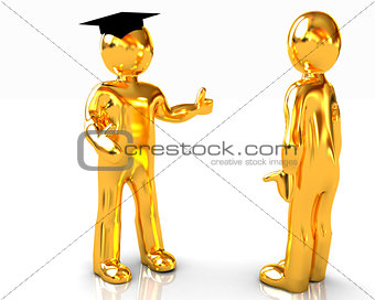 Golden 3D mans in a grad hat and a man