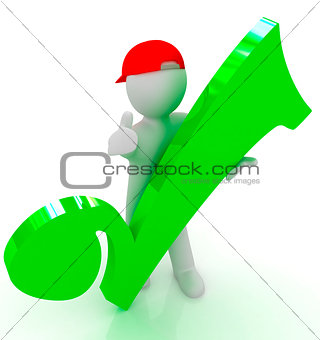 3d man in a red peaked cap with thumb up and a huge tick