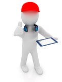 3d white man in a red peaked cap with thumb up, tablet pc and he