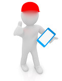 3d white man in a red peaked cap with thumb up and tablet pc 