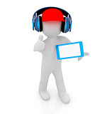3d white man in a red peaked cap with thumb up, tablet pc and he