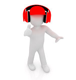 3d white man in a red peaked cap with thumb up and headphones 