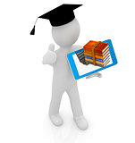 3d white man in a grad hat with thumb up,books and tablet pc - b