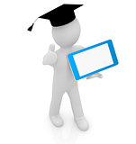 3d white man in a grad hat with thumb up and tablet pc - best gi