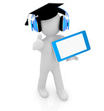 3d white man in a grad hat with thumb up, headphone and tablet p
