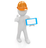 3d white man in a hard hat with thumb up and tablet pc 