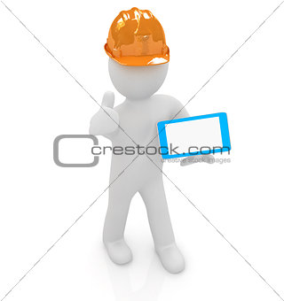 3d white man in a hard hat with thumb up and tablet pc 