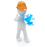 3d man in a hard hat with thumb up presents concept: "My company