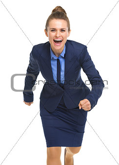 Portrait of smiling business woman running