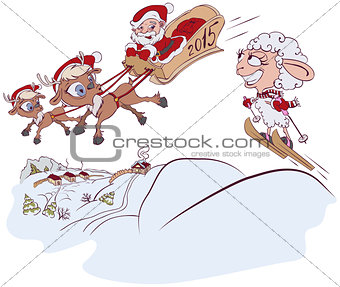 Christmas Reindeer, Santa Claus and a sheep. Symbol 2015