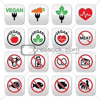 Vegan, no meat, vegetarian, lactose free buttons set