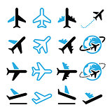 Plane, flight, airport  black and blue icons set