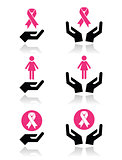 Pink ribbons - breast cancer awareness with hands icons set