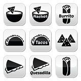 Mexican food buttons - tacos, nachos, burrito, quesadilla