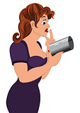 Cartoon  woman holding gray cylinder top