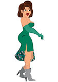 Cartoon  woman in green dress and gray boots with bag