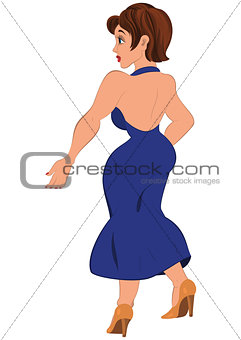 Cartoon  woman in open back blue dress back view