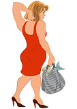 Cartoon  woman in red dress and bag with fish back view