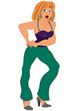 Cartoon blond fit woman in green pants