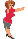 Cartoon fat woman in red top pointing with index finger