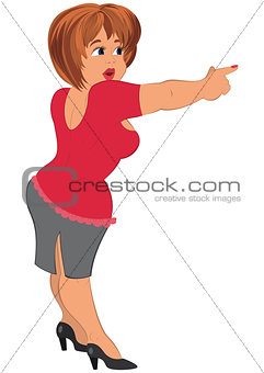 Cartoon fat woman in red top pointing with index finger
