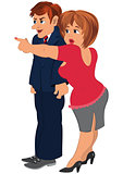 Cartoon fat woman with man in blue suit points with her finger