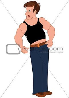 Cartoon fit man with open mouth looking back