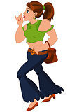 Cartoon girl in blue pants and green top holding thumb near mout