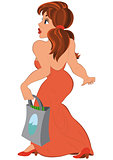 Cartoon girl in long red dress with bag side view