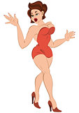 Cartoon girl in mini red dress walking