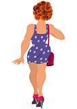 Cartoon girl in purple dress and curly hair back view
