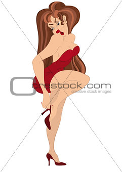 Cartoon girl in red dress fixing her shoe
